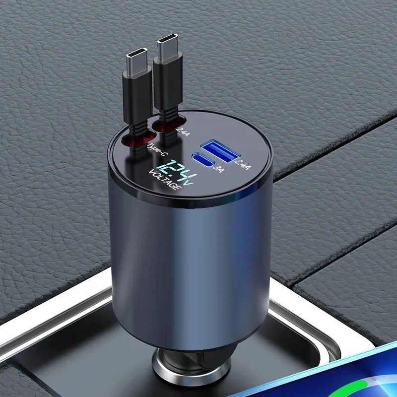 Retractable 4-in-1 Car Charger: 100W Dual USB-C & USB-A Fast Car Phone Charger Adapter for Automobile Cigarette Lighter